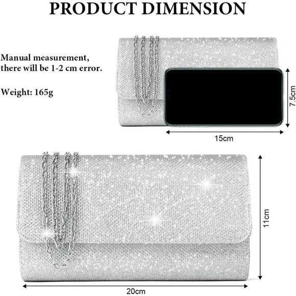 Shiny Silver Clutch Purse for Women, Evening Shoulder Bag for Wedding & Party - Picture 4 of 9